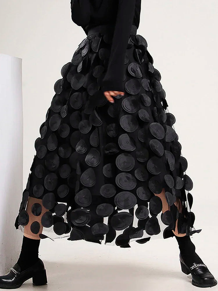 S-3XL Retro Goth 3D Design Polka Dot Tulle Mesh Skirts Womens Spring Summer High Waist Elastic Midi Long Tutu Skirts Female