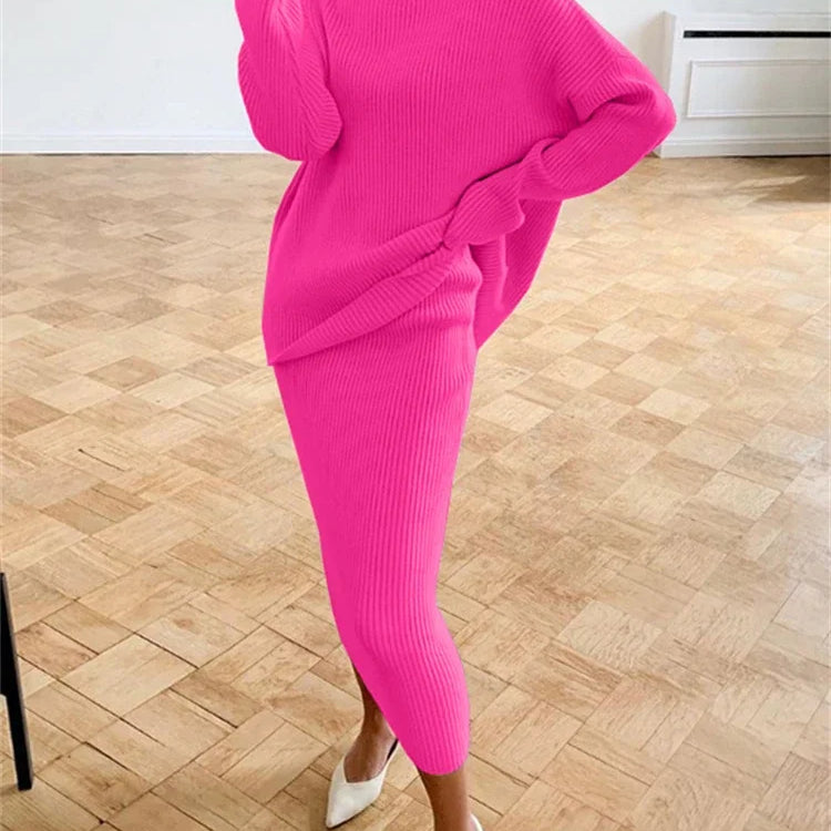 new Ribbed Knit 2 Piece Dress Set Outfits Ladies Knitwear Top And Midi Skirt Sets For Women Casual Winter Sweater Sets Rose Red