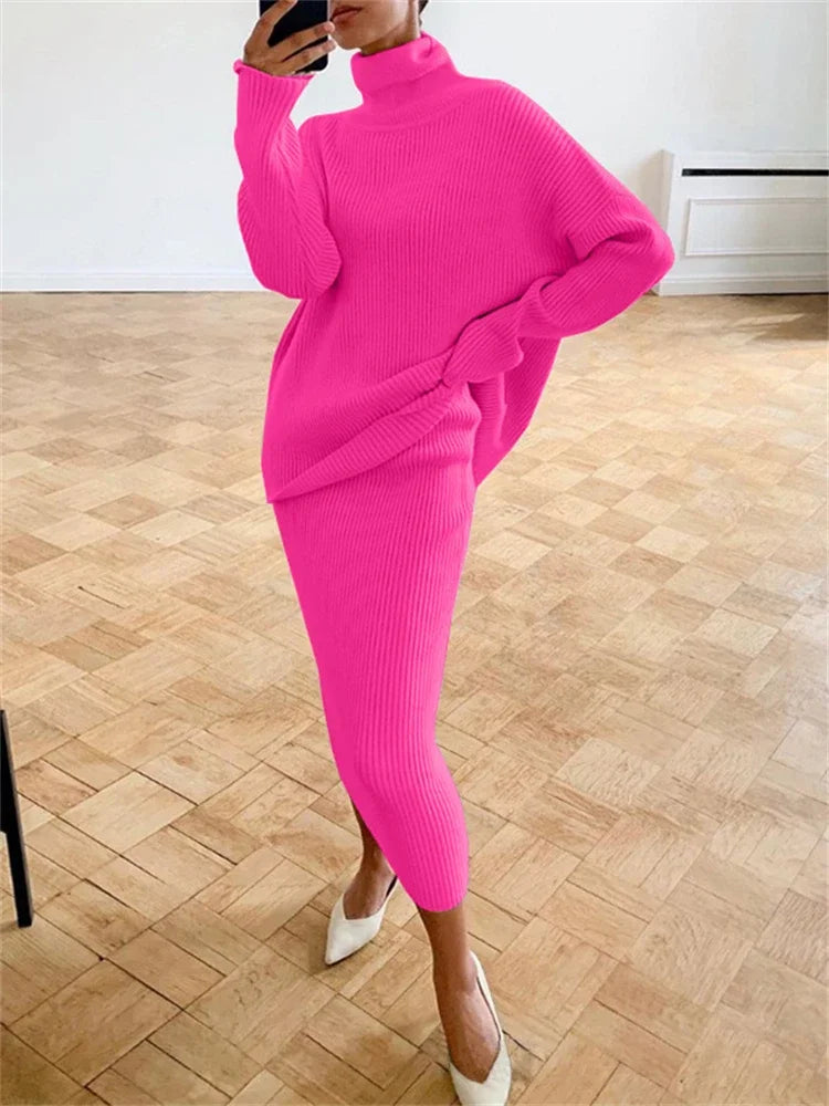 new Ribbed Knit 2 Piece Dress Set Outfits Ladies Knitwear Top And Midi Skirt Sets For Women Casual Winter Sweater Sets Rose Red