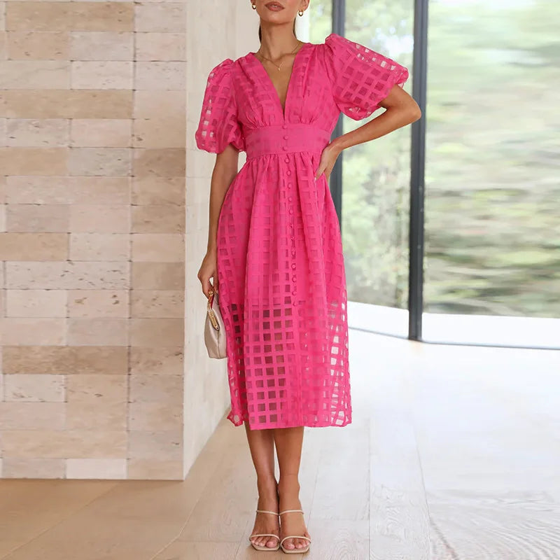 Summer Multicolor Lantern Short Sleeve Long Dress Elegant Ladies Solid V Neck Big Hem Dress Fashion Mesh Plaid High Waist Dress Rose Red