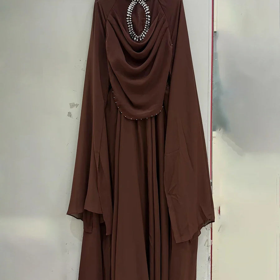 Solid Loose Sheer Spliced Bead Elegant Dresses for Women High Neck Long Sleeves Patchwork Folds Dress Female New COFFEE