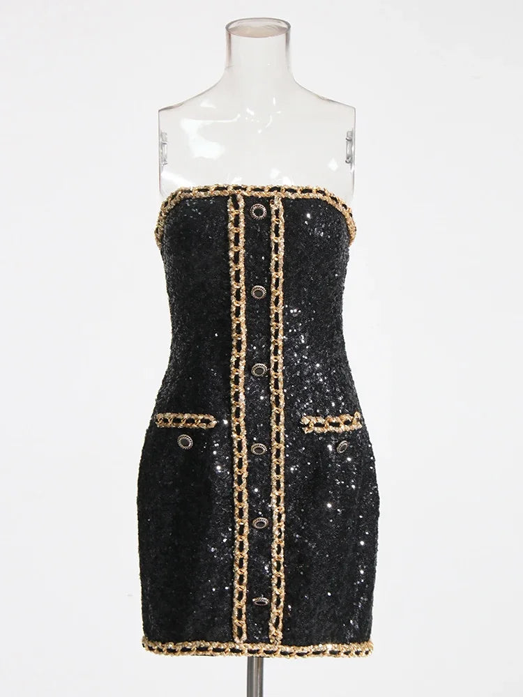 Hit Color Sexy Dresses For Women Strapless Sleeveless High Waist Slimming Patchwork Button Dress Female Fashion New