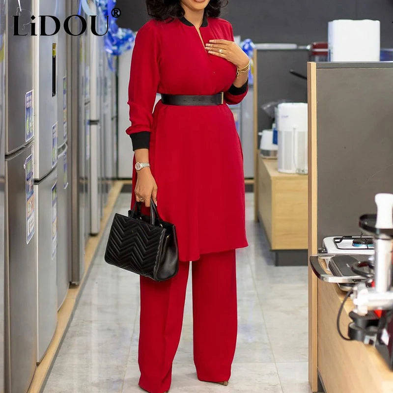 Spring Autumn New Elegant Fashion Plus Size Solid Two-piece Sets Women Loose Casual Office Lady Wide Leg Pants Oversized Clothes