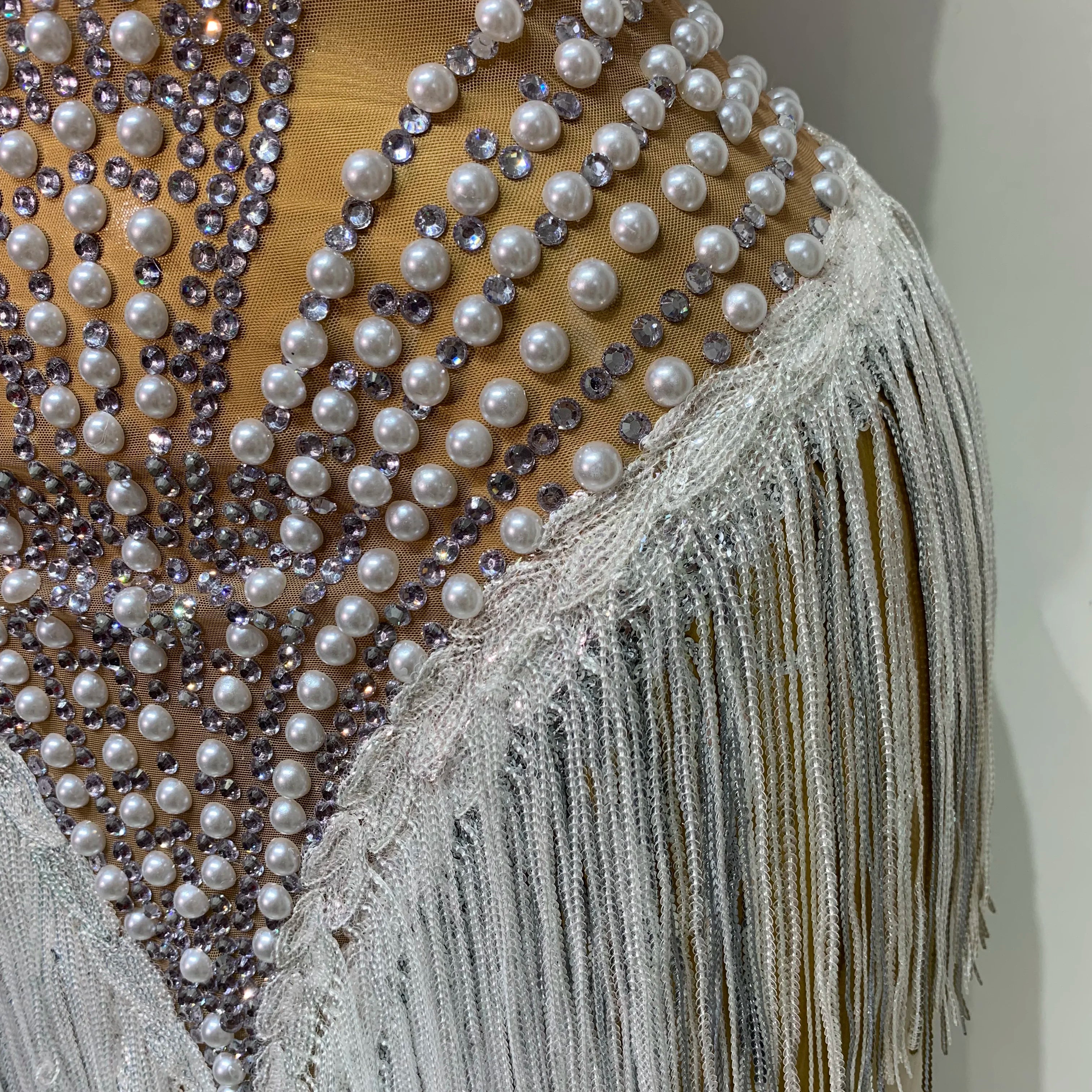 Women Sparkly Rhinestones Pearls Tassel Sexy Mesh See Through Dress Latin Dance Outfits Bar Nightclub Party Stage Costume