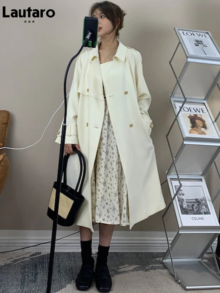 Lautaro Spring Autumn Long Trench Coat for Women Raglan Sleeve Double Breasted Elegant Stylish Chic Luxury Designer Clothes 2025