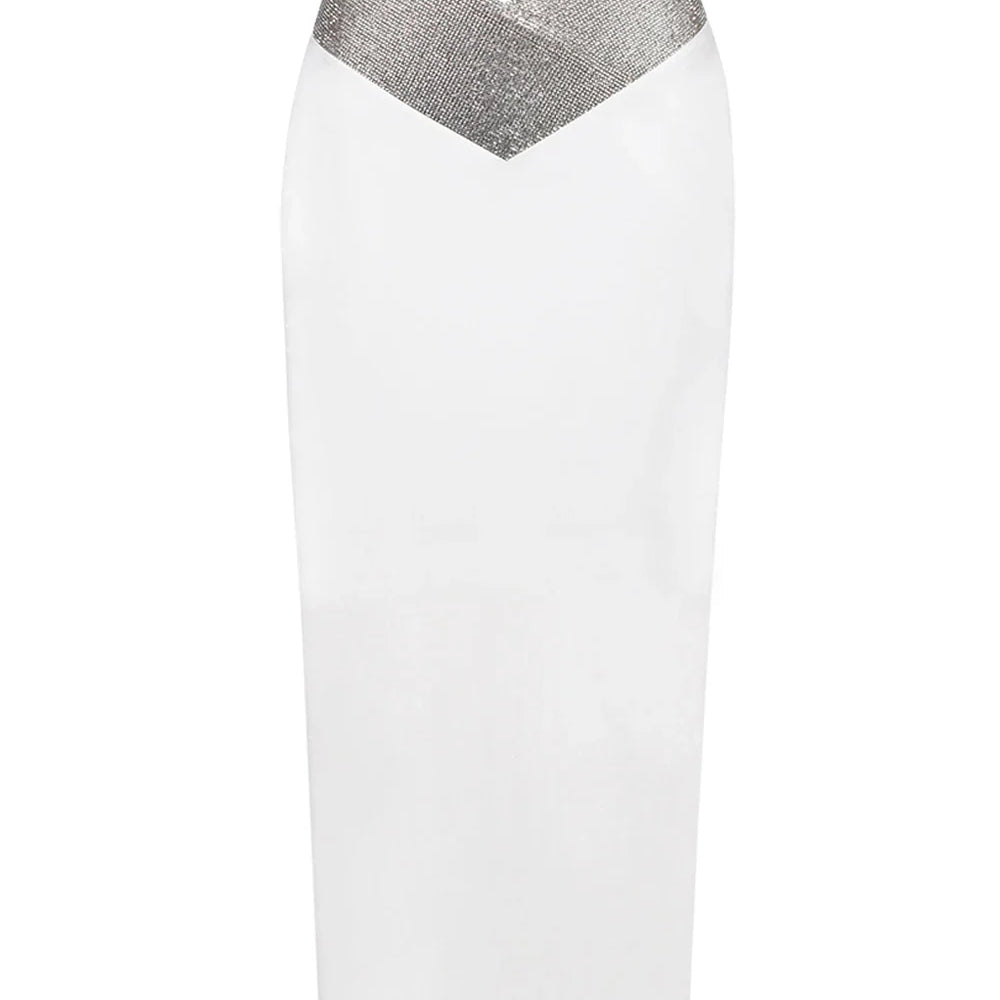 Women Crystal Diamonds White Black Bodycon Midi Bandage Skirt Designer High Waist Party Club Pencil Skirt 77cm WHITE