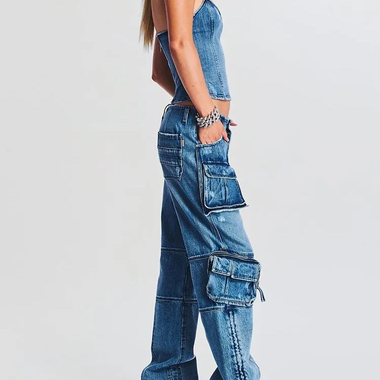 Denim Vintage Two Piece Sets For Women Strapless Sleeveless Tops High Waist Spliced Pockets Pant Casual Set Female