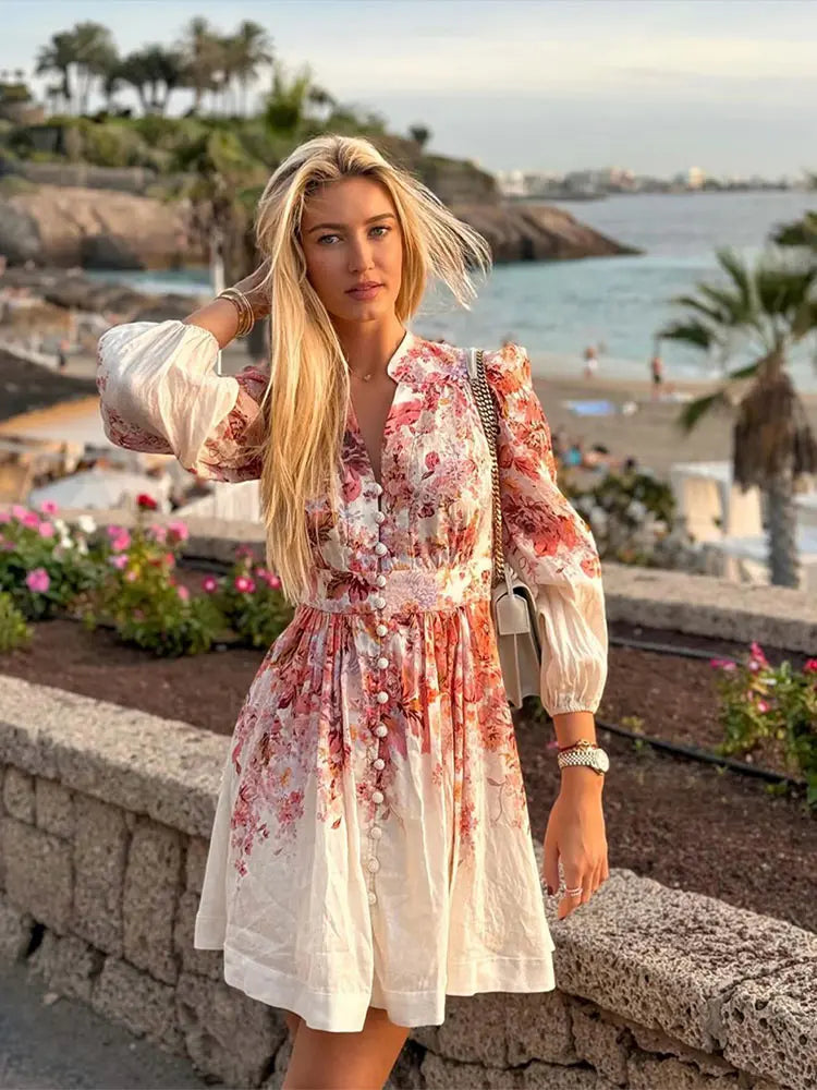 Women Elegant Printed V Neck Mini Dress Female Long Sleeve High Waist A-line Bodycorn Vestidos Spring Lady Party Club Robes