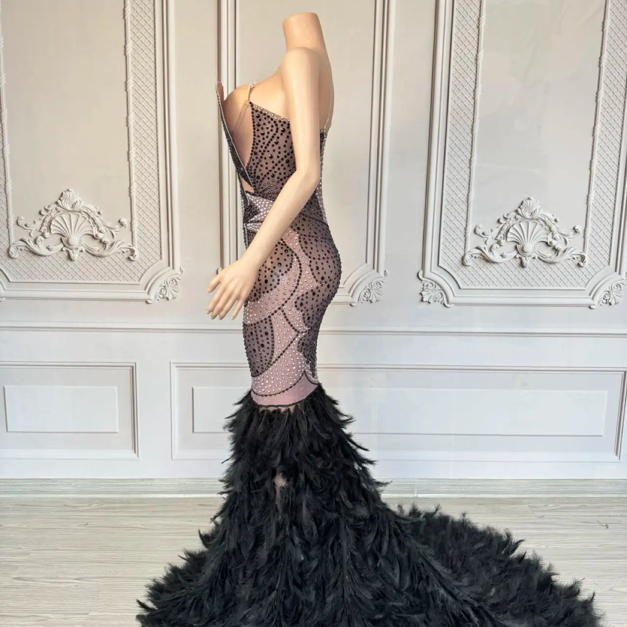 Luxury Women Feather Evening Dress Sparkly Sexy Prom Couture Rhinestone Birthday Party Ball Celebrate Photo Shoot Wear Mifeng