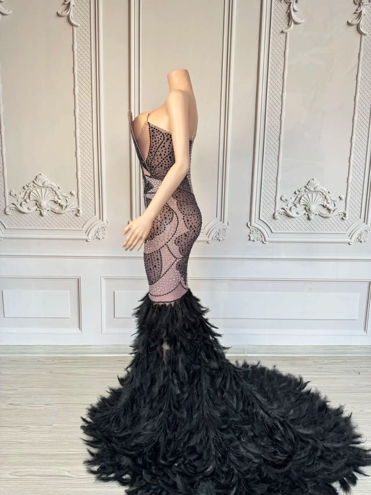 Luxury Women Feather Evening Dress Sparkly Sexy Prom Couture Rhinestone Birthday Party Ball Celebrate Photo Shoot Wear Mifeng
