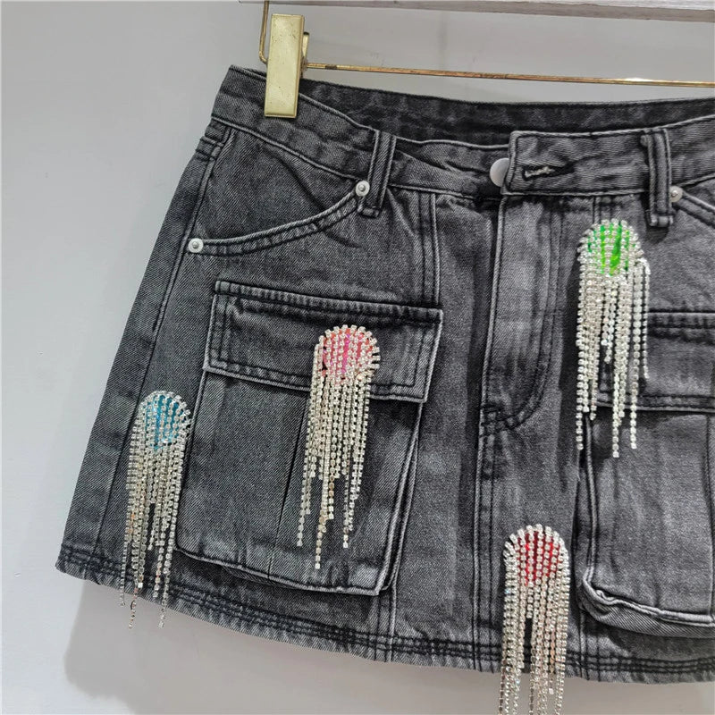Autumn Winter New Fashion Colorful Rhinestone Tassel Distressed Denim Jacket For Women Short Skirt Female 11A07618