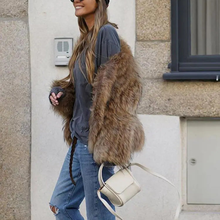 Winter Women's Chic Thermal Furry Faux Fur Coat Fashion Casual Long Sleeve Cardigan Jackets New Female Warm Streetwear ﻿