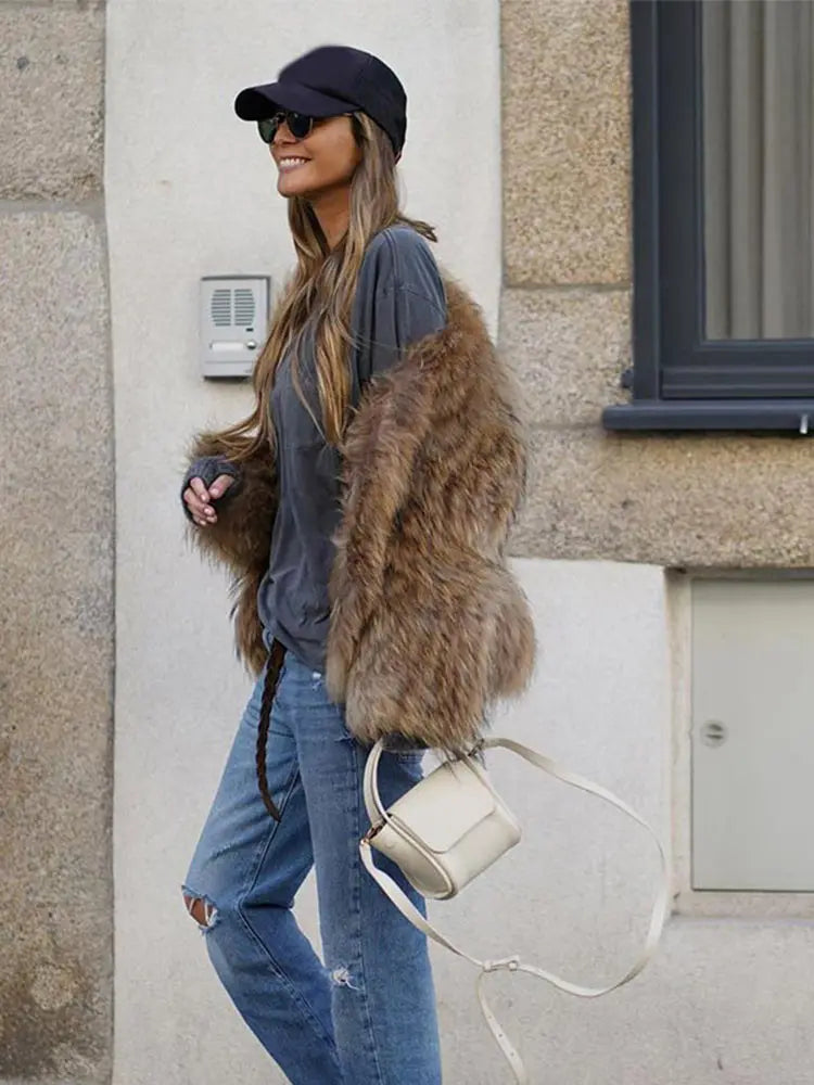 Winter Women's Chic Thermal Furry Faux Fur Coat Fashion Casual Long Sleeve Cardigan Jackets New Female Warm Streetwear ﻿