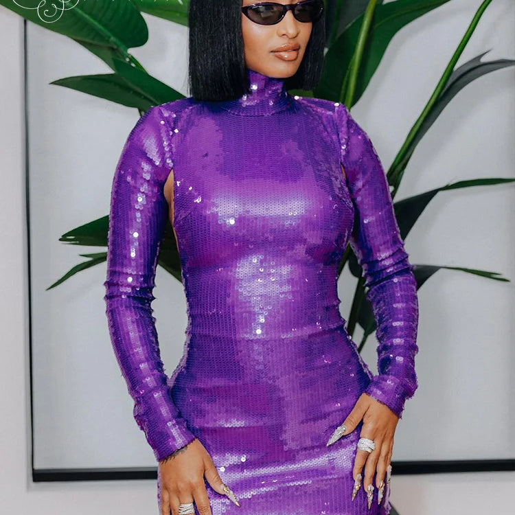 VC Backless Sexy Dress For Women Evening Party Gown Purple Sequins Sparkle Long Sleeves Slim Mini Dress