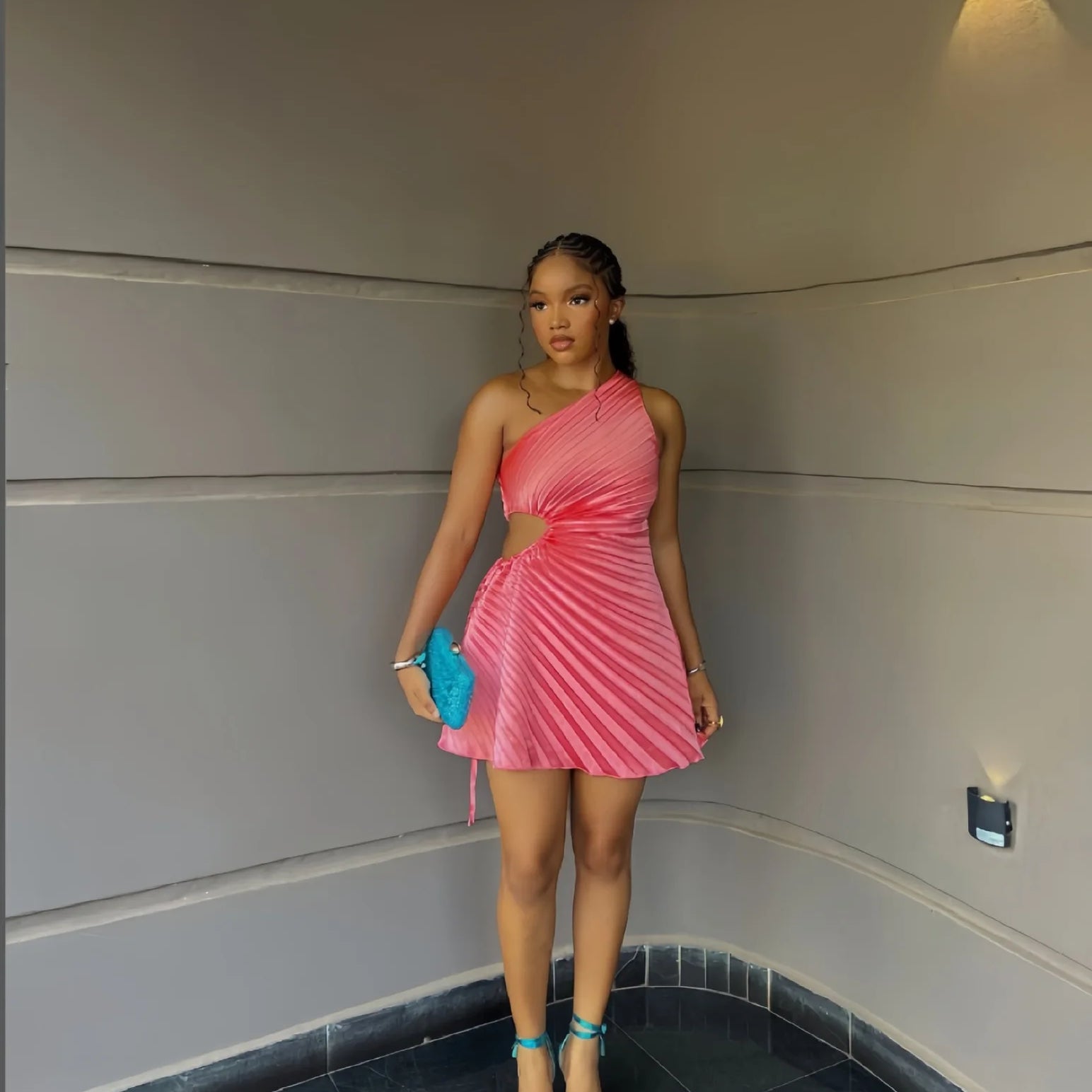 Women Pleated One Shouloder Sleeveless Cutout Waist Dress 2025 Evening Sexy Club Party Evening High Street Dresses