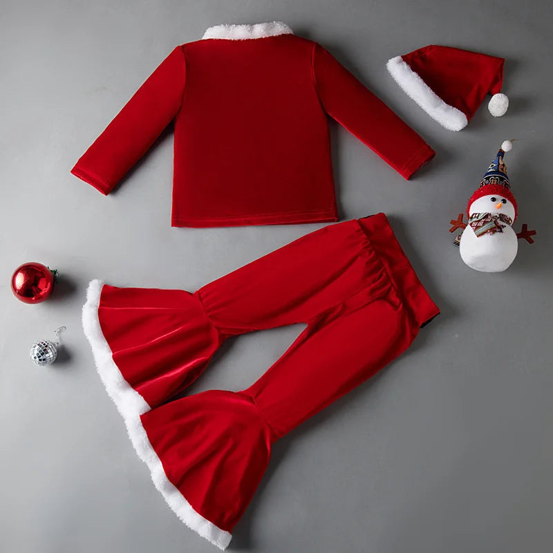 Toddler Christmas Sets Boys Girls Santa Claus Costume Suit Kids Top+Pants+Hat 3Psc Party Clothes Baby Cute Xmas Outfit 1-12yrs Red