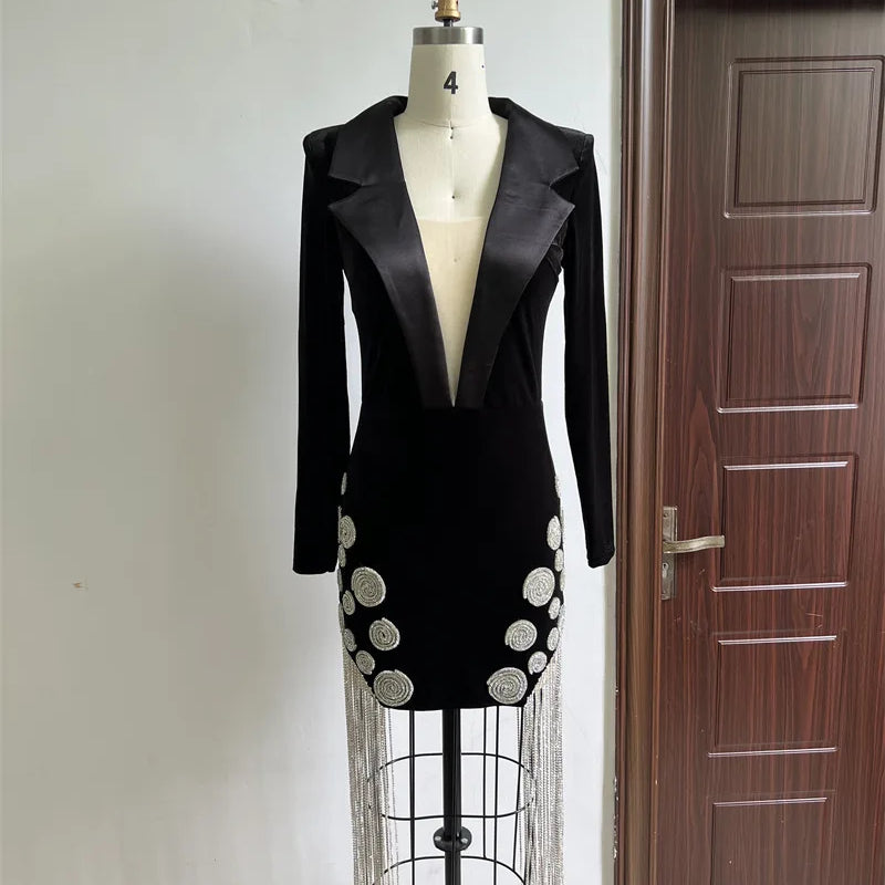 2025 Luxury Diamonds Tassel Sexy Deep V Notched Black Velvet Dress Woman Evening Party Vestido Celebrate Club Party Outfit