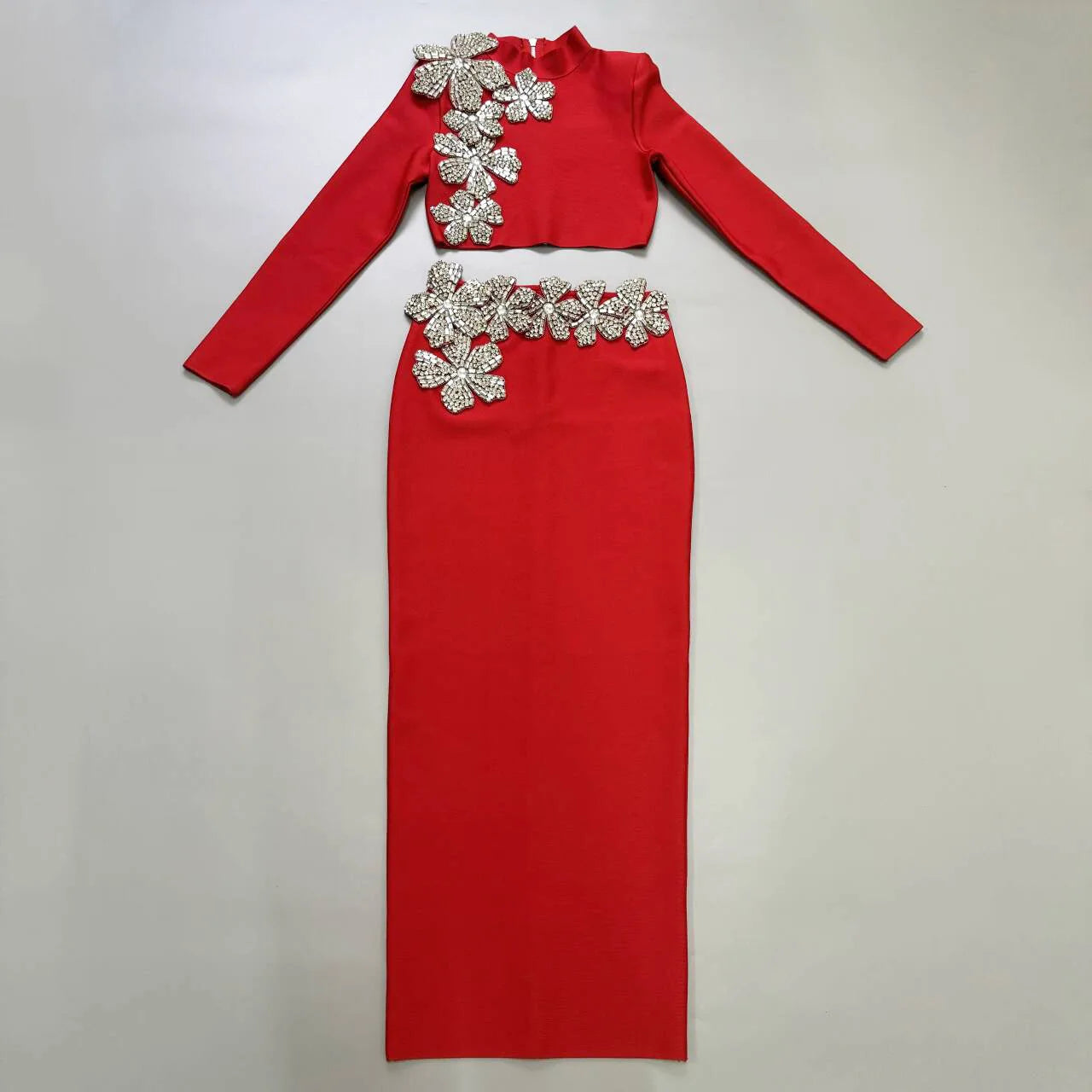 Black Color Women Long Sleeve Sexy Diamond Flowers 2 Pieces Bodycon Long Bandage Dress Celebrate Nightclub Party Outfit Vestido Red