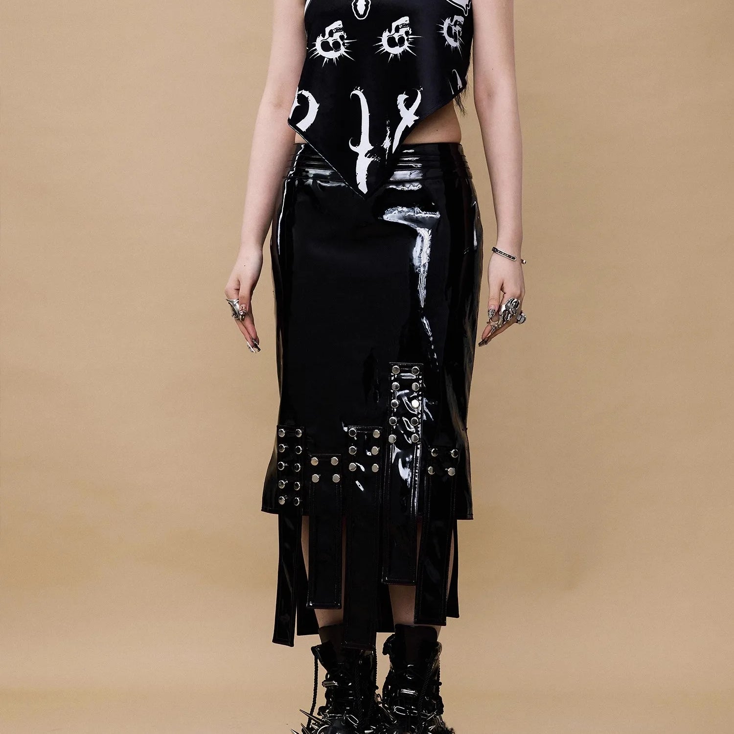 Lautaro Spring Summer Sexy Shiny Reflective Red Faux Leather Midi Asymmetrical Skirt Women Rivet Goth Style Y2K Streetwear 2025