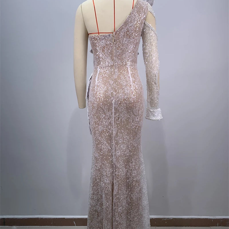 2024 White Sequins Beading One Shoulder White Lace Long Dress Graceful Woman Wedding Party Dress Singer Performance costume