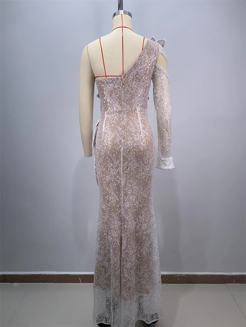2024 White Sequins Beading One Shoulder White Lace Long Dress Graceful Woman Wedding Party Dress Singer Performance costume
