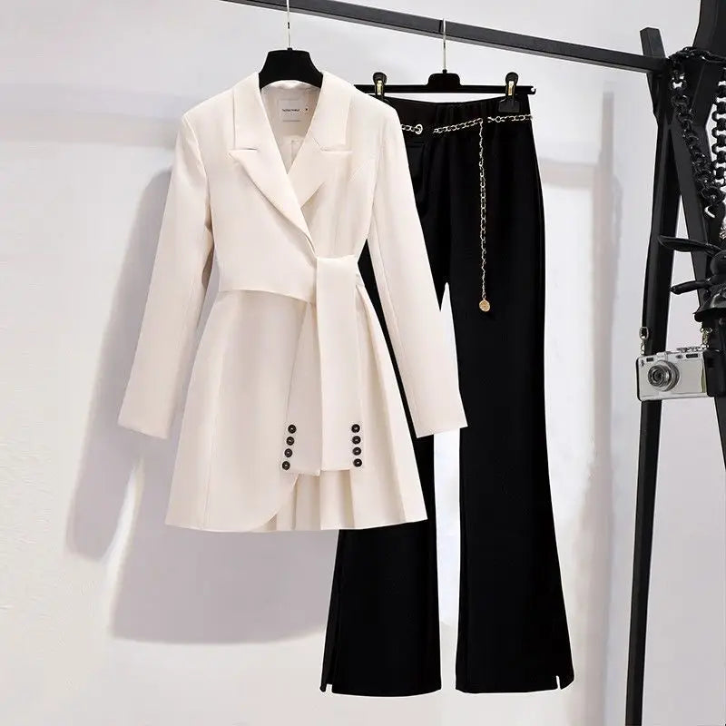 2023 Spring New Lace-up Pleated Suit Dress Jacket Blazer Chain Pants Two-piece Elegant Women's Pants Suit Office Outfits Apricot suit