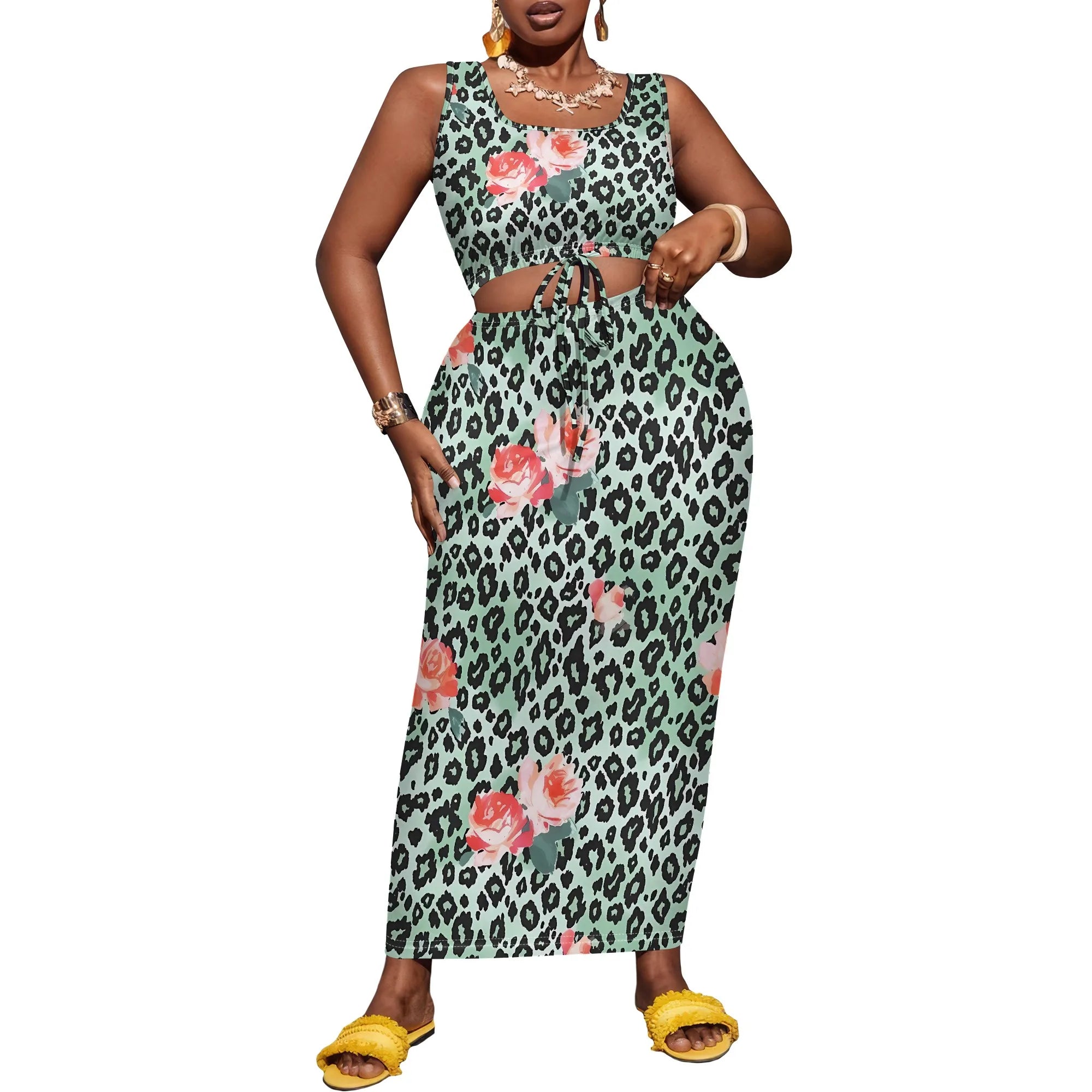 Nupusa Rose & Zebra Print Two - Piece Set for Women Plus Size Summer Casual Sleeveless Crop Top & Maxi Skirt Outfit Pattern-5