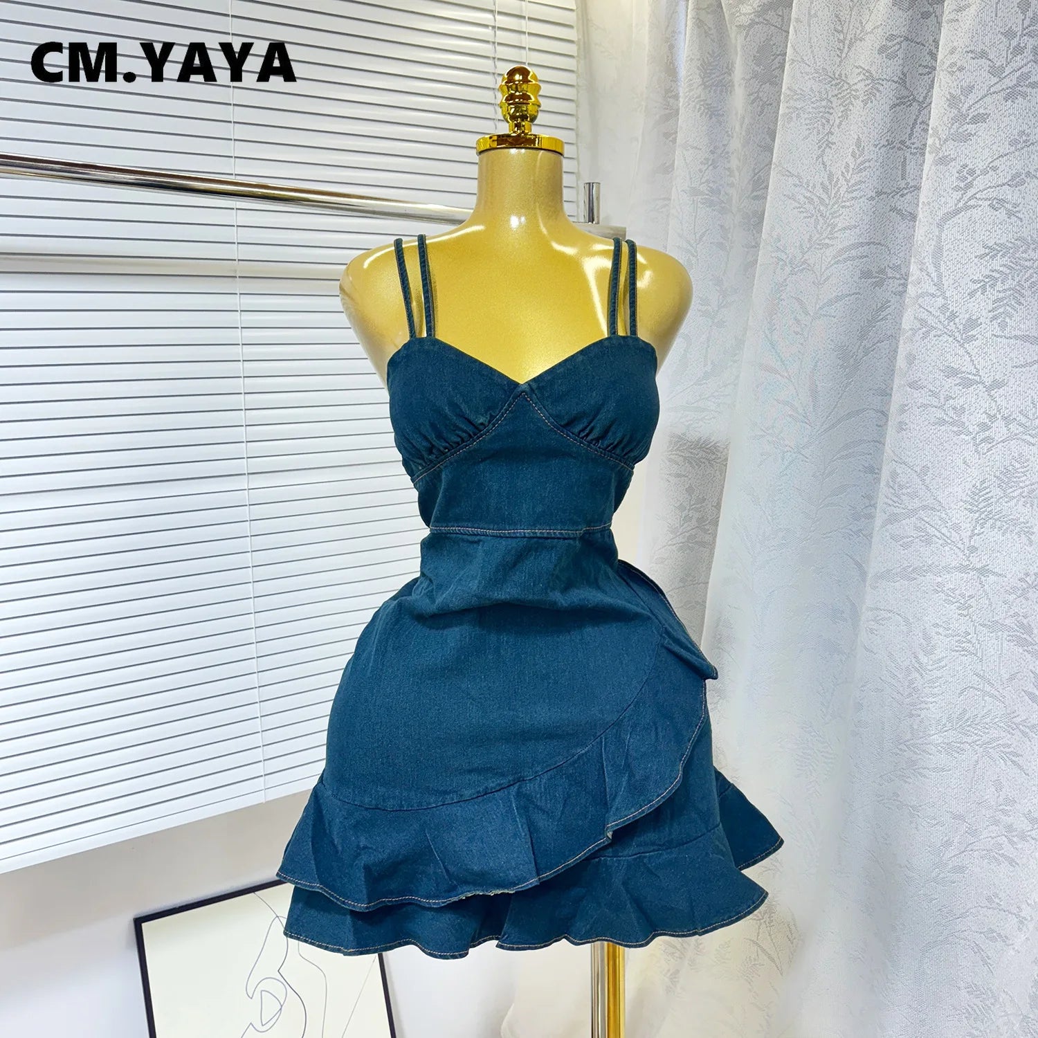 Women Spaghetti Strap V-neck Ruffles Hem Denim A-line Mini Dress 2025 Chic Birthday Night Club Party Vestidos Dresses