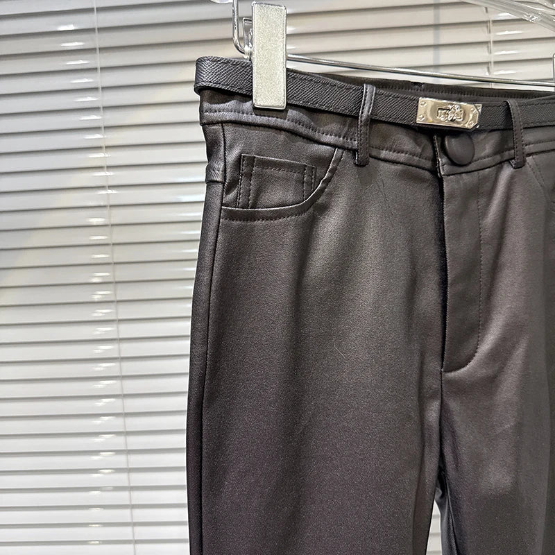 Winter New Fashion Silver Buckle Belt Slim Fit Pencil Pants For Women Black Versatile Boot Trousers Female 11A07922