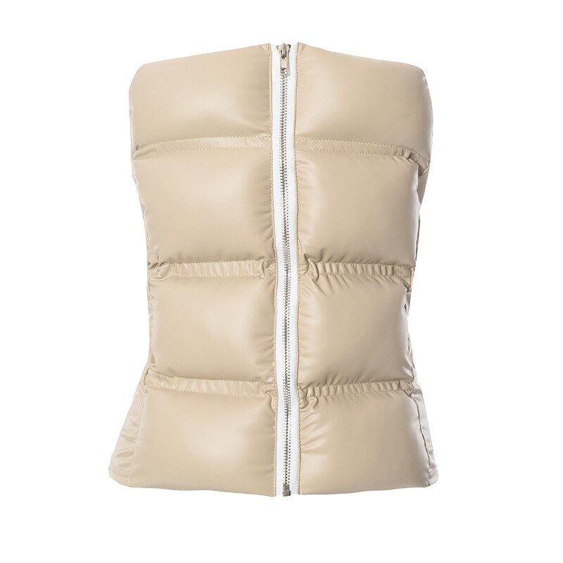 Sexy Women Shiny Gold Silver Bustier Crop Tops Bright PU Leather Crown Girdle Slimming Waist Strapless Low-cut Corset Top Summer Khaki
