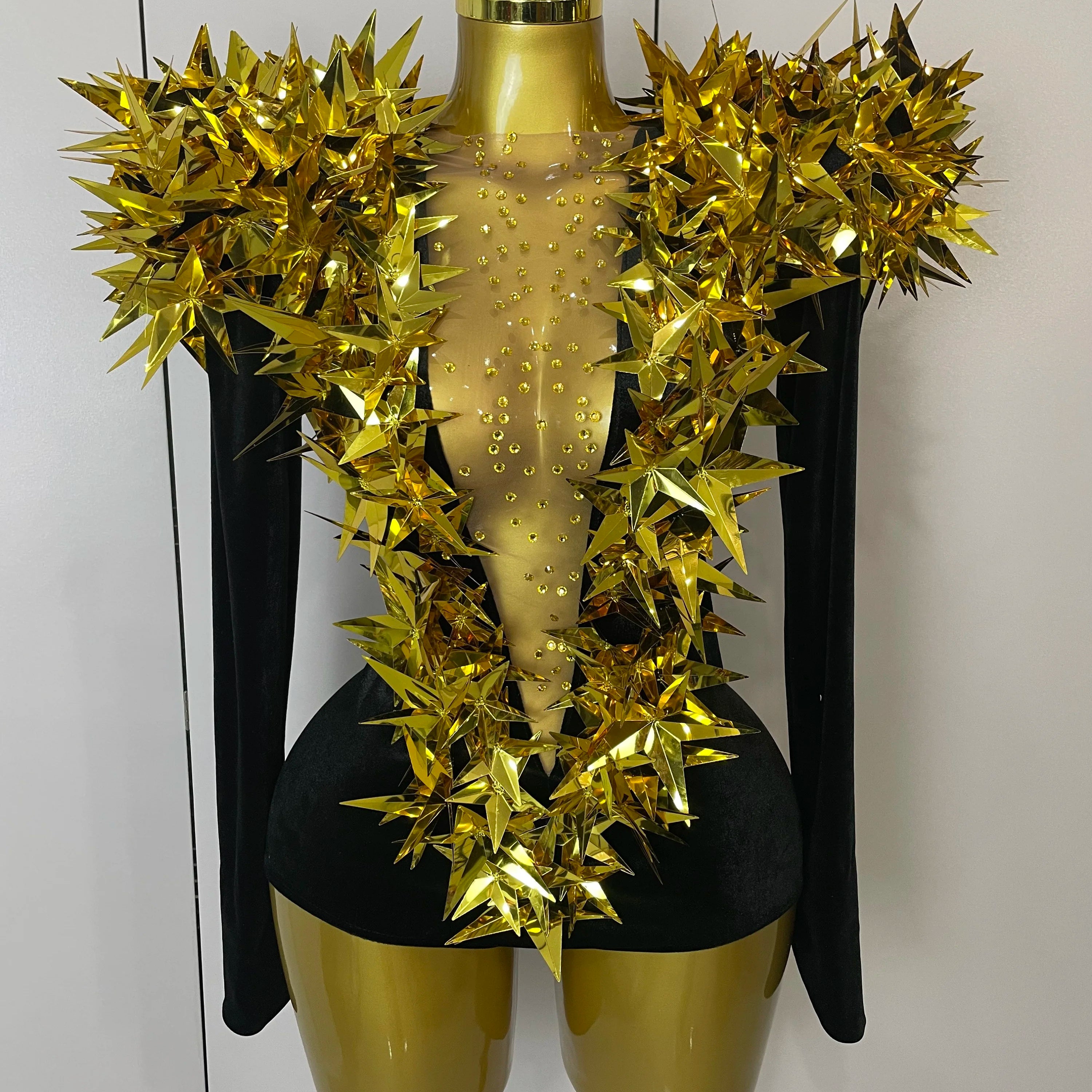 2025 New Shiny Black Rhinestone Velvet Long Sleeve Bodysuit Women Evening Party Club Gala Hosts NightClub Bar Stage Costumes Gold