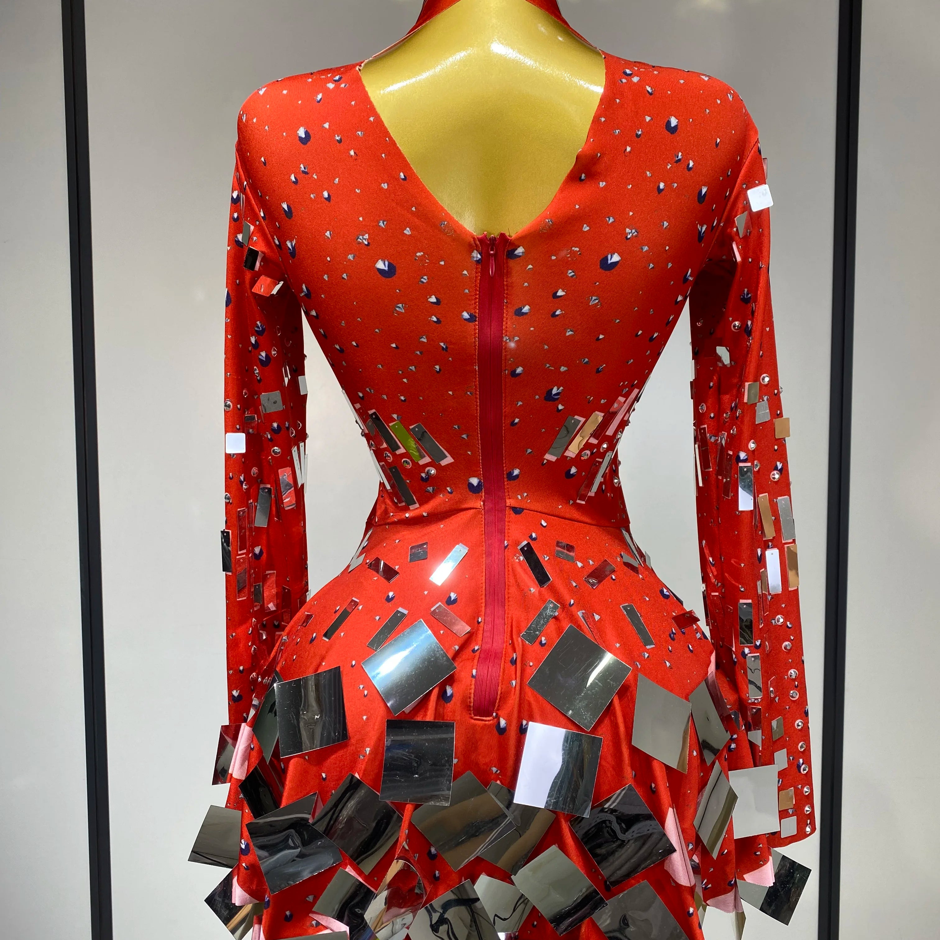 Women Sexy High Elastic A-Line Long Sleeve Dress Performance Costume Sparkly Nightclub Evening Party Hotwife Stage Outfit