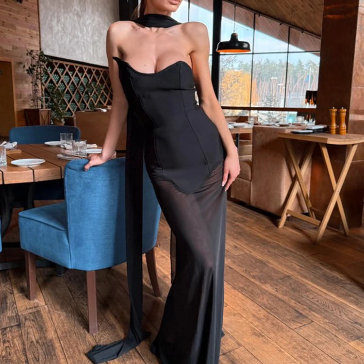 Strapless A Line Long Bandage Dress Black Mesh Patchwork Elegant Women Blackless Evening Party Gowns with Ribbon