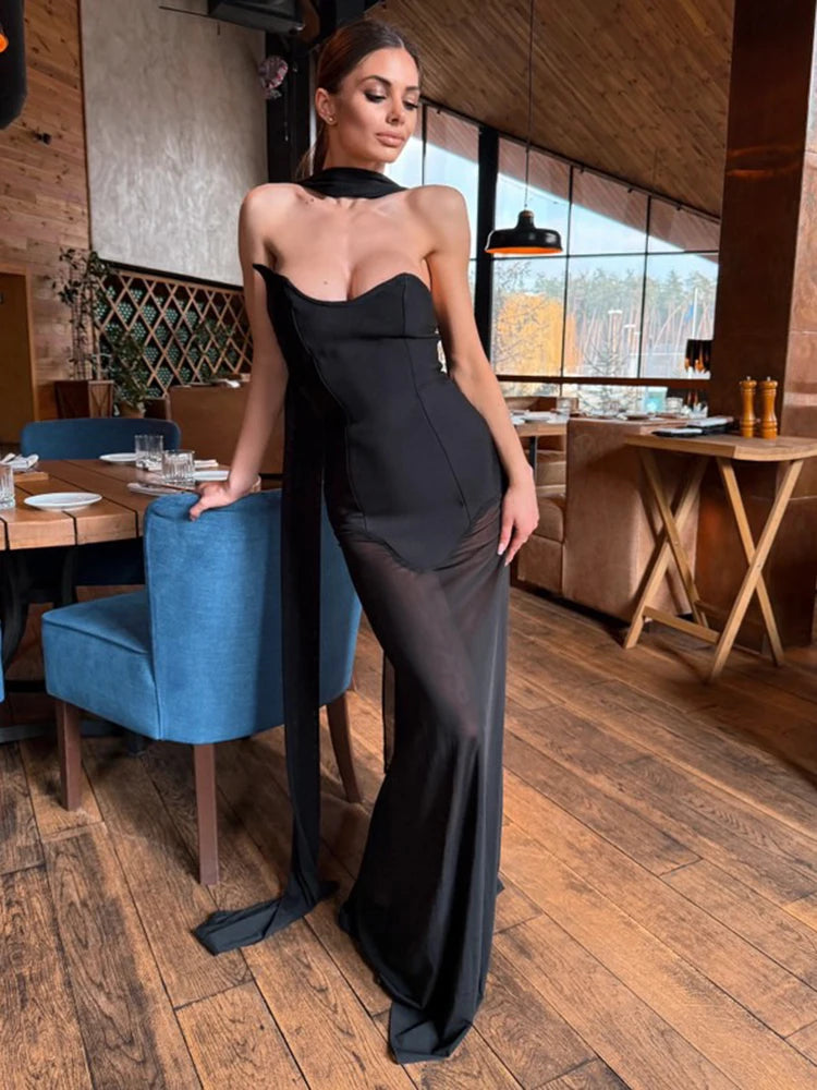 Strapless A Line Long Bandage Dress Black Mesh Patchwork Elegant Women Blackless Evening Party Gowns with Ribbon