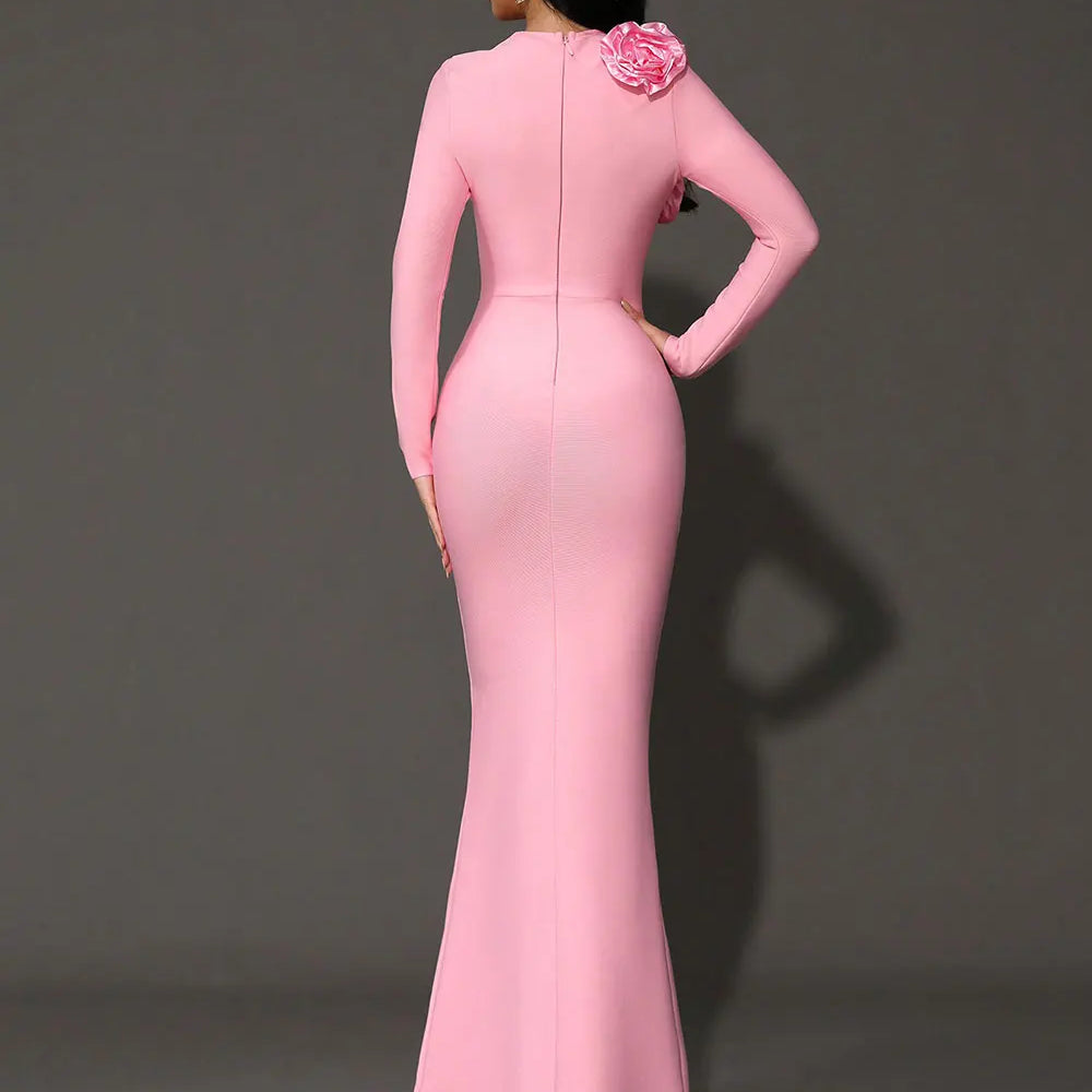 2025 Elegant Women's 3D Flower Decorative Bandage Dress O-neck Long Sleeve Bodycon Long Dress Cocktail Evening Party Vestidos