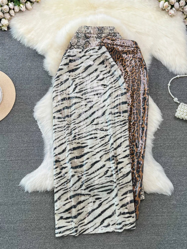 Women Chic Shinning Print Midi Skirt Zipper High Waist Leopard Zebra Wild Style Retro Long Skirts Mujer