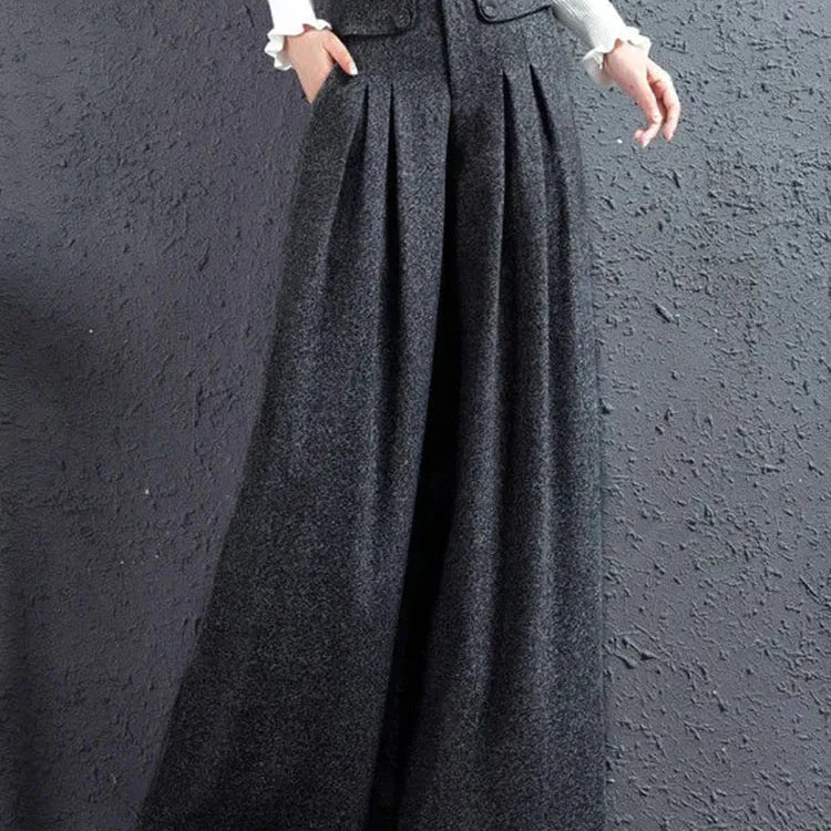 Autumn Winter Woolen Blend Culotte Elegant High Waist Belt Wide Leg Pants Women Baggy Korean Fashion Pantalones Oversize Trouser grey black