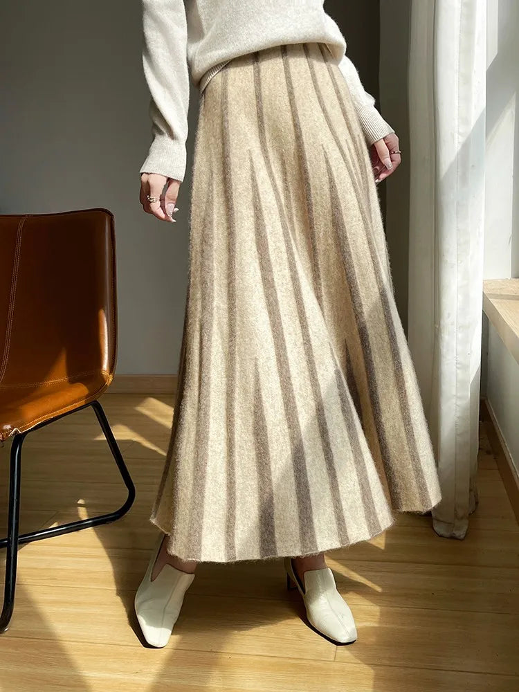 100% Pure Wool Half Skirt Women's High Waisted Knitted Long Skirt Fashion Striped A-Line Skirt Umbrella Skirt Autumn Winter New