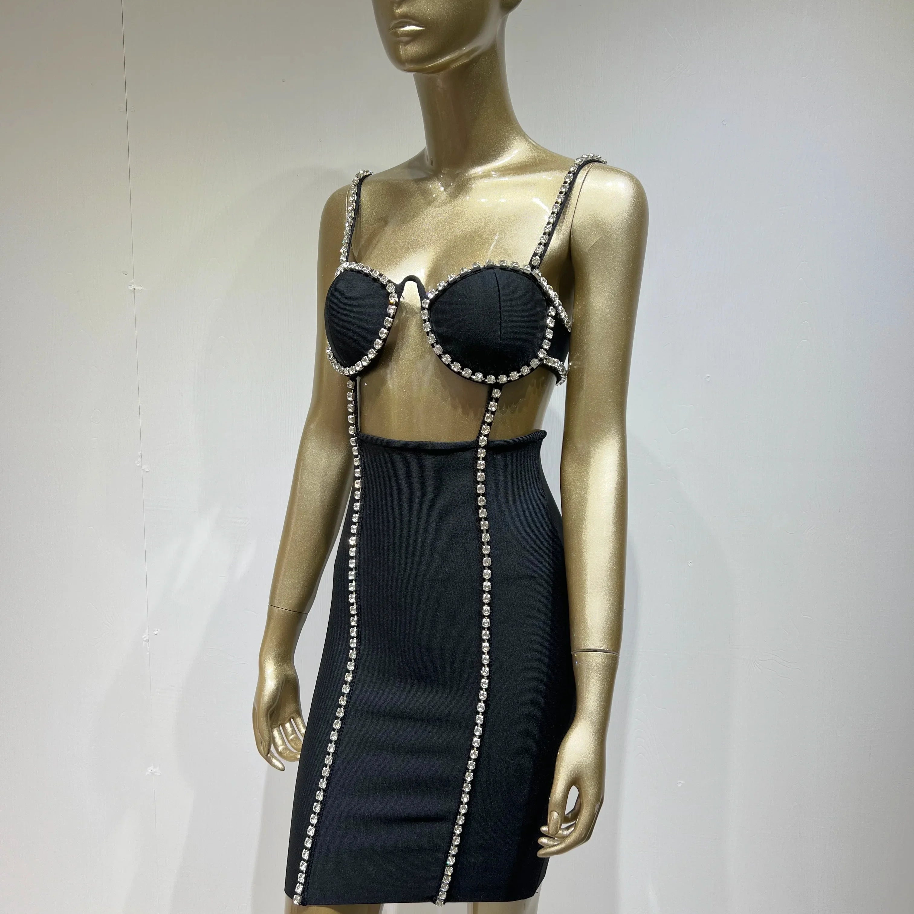 Women Summer Style Sexy V Neck Cut Out Diamonds Crystal Black Mini Bodycon Bandage Dress Elegant Evening Party Dress