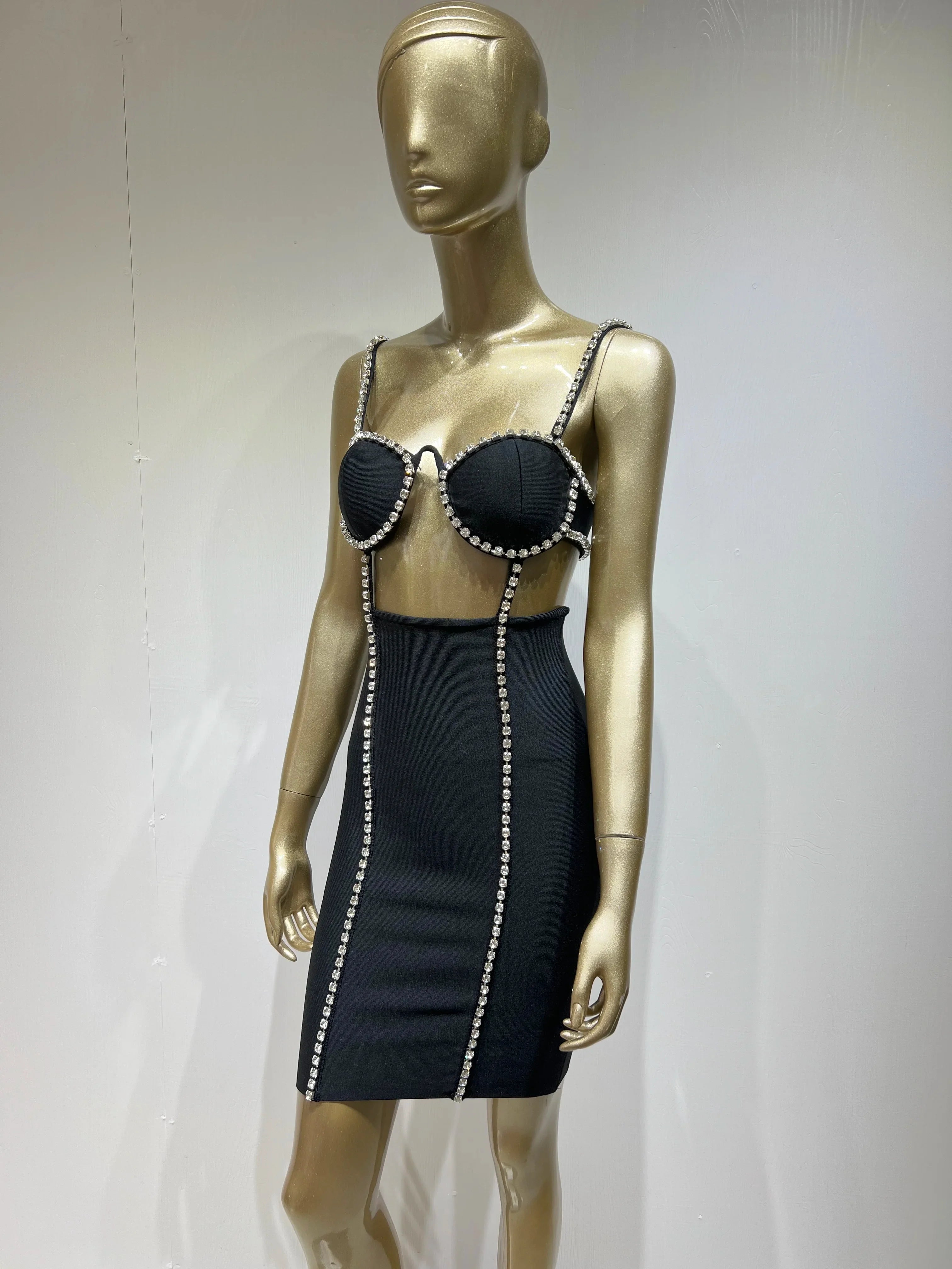 Women Summer Style Sexy V Neck Cut Out Diamonds Crystal Black Mini Bodycon Bandage Dress Elegant Evening Party Dress