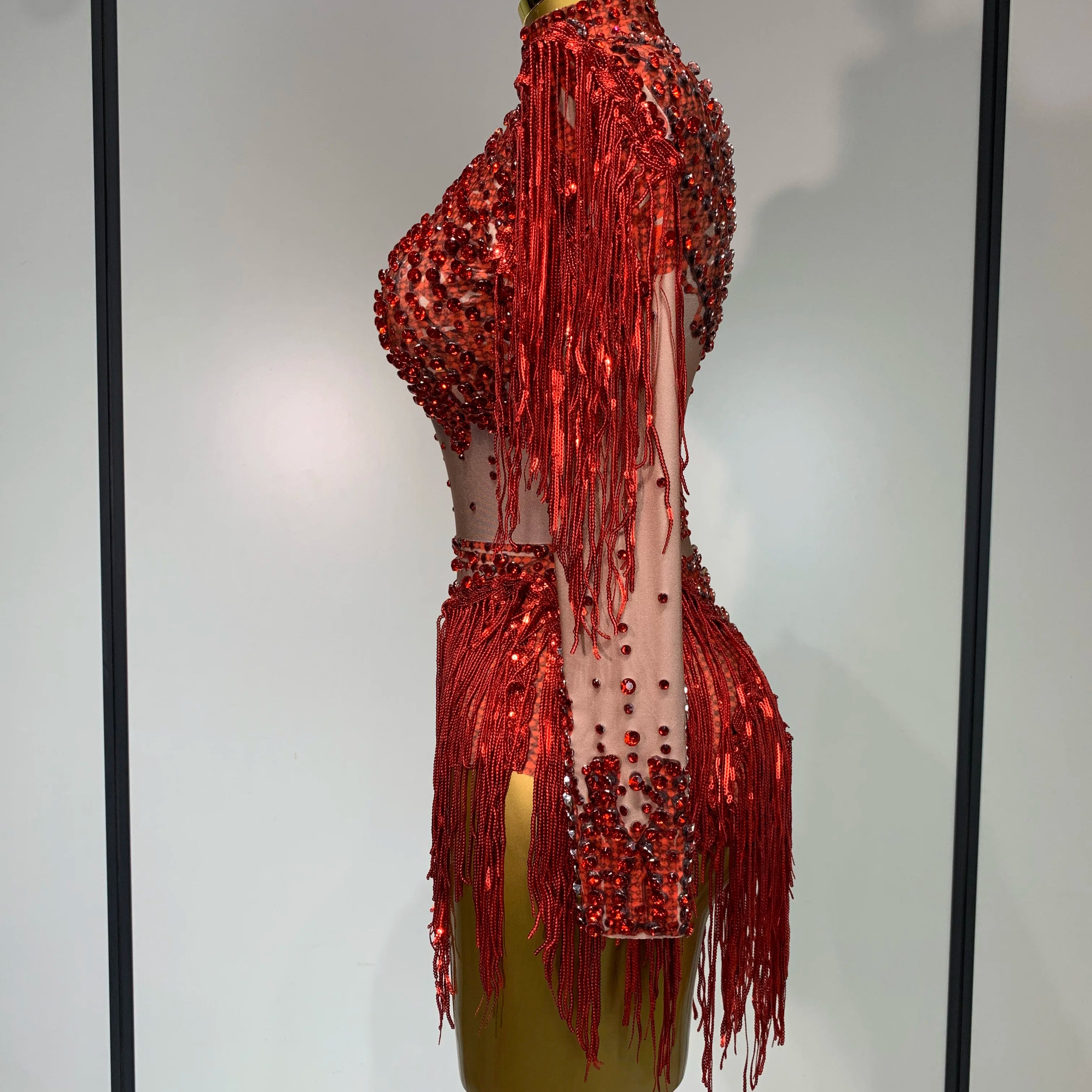 Women Sexy Elasticity Performance Dance Nightclub Rompers Singer Stage Outfit Sparkly Rhinestone Tassels Bodysuit Birthday Wear