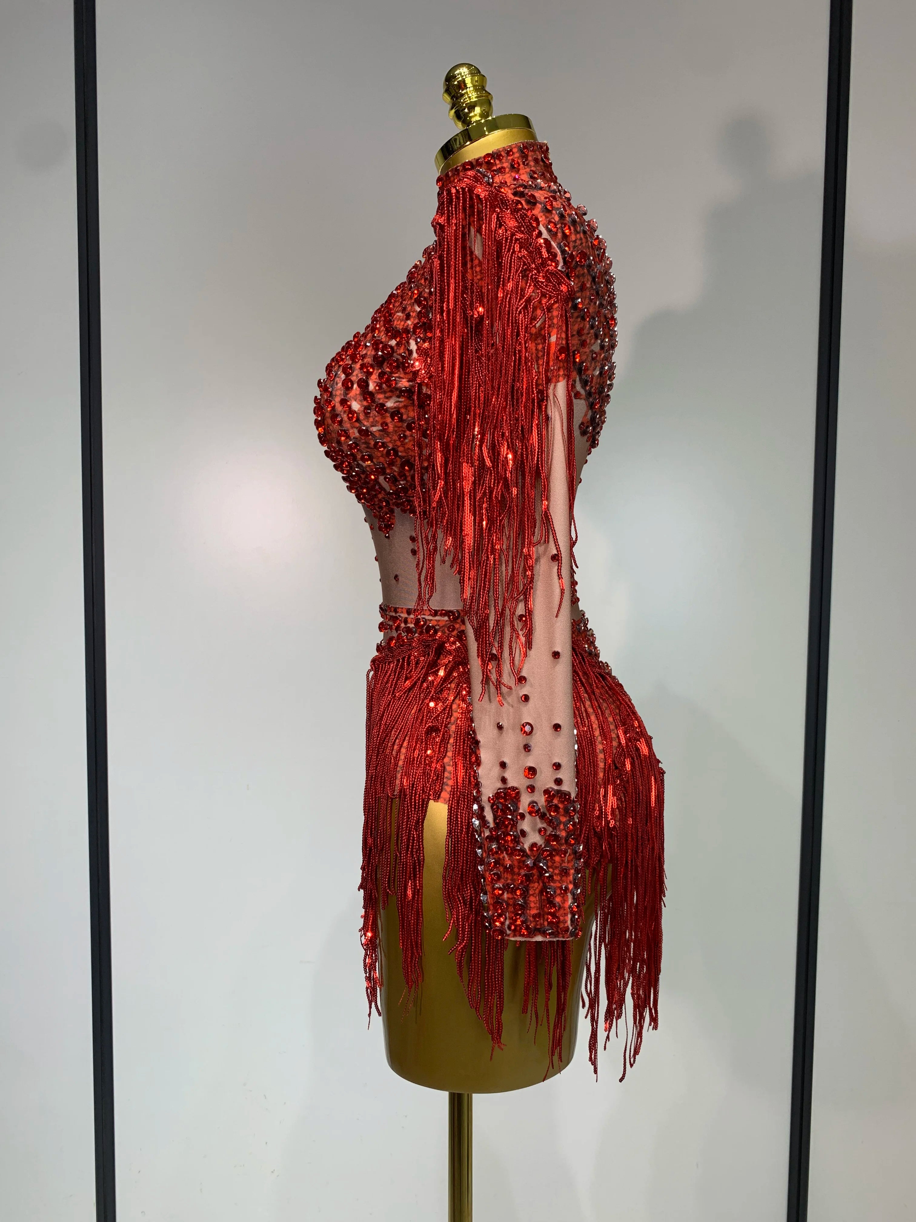 Women Sexy Elasticity Performance Dance Nightclub Rompers Singer Stage Outfit Sparkly Rhinestone Tassels Bodysuit Birthday Wear