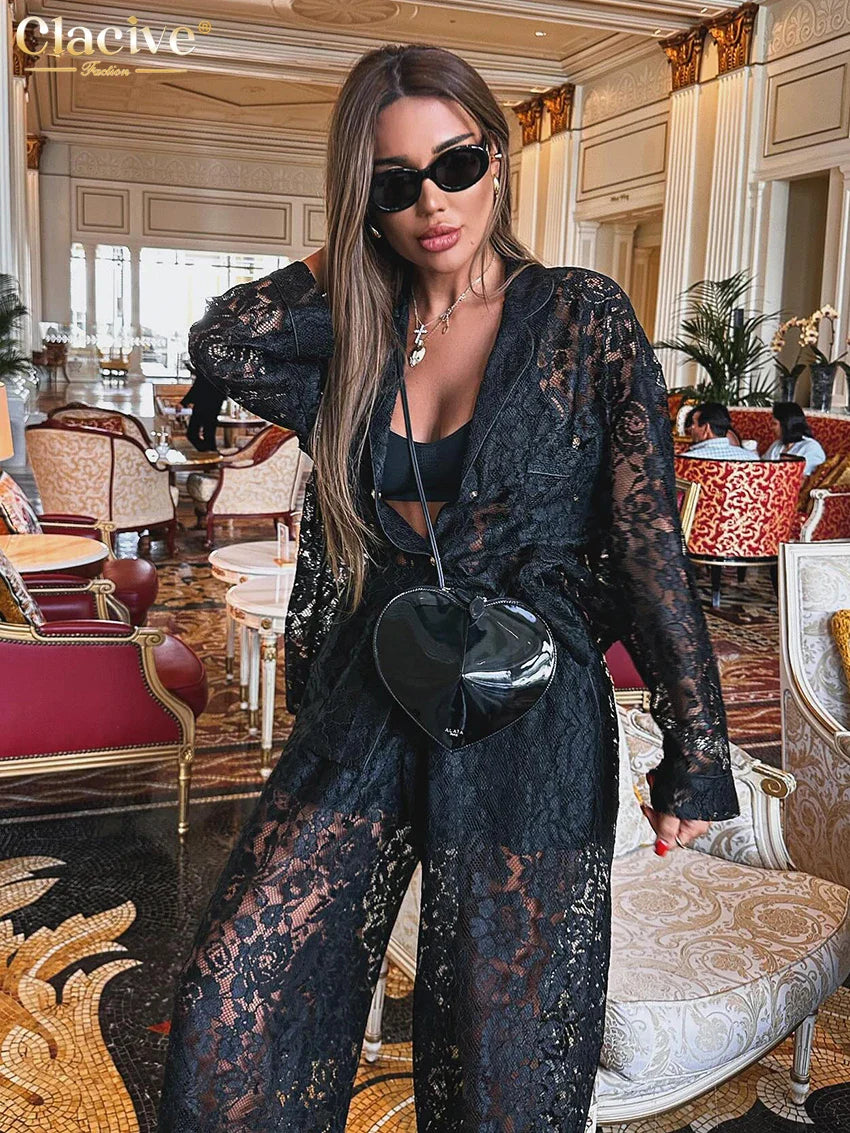 Clacive Sexy Loose Black Lace See Through Trousers Sets Women 2 Pieces Fashion Long Sleeve Shirt With High Waist Wide Pants Set Black