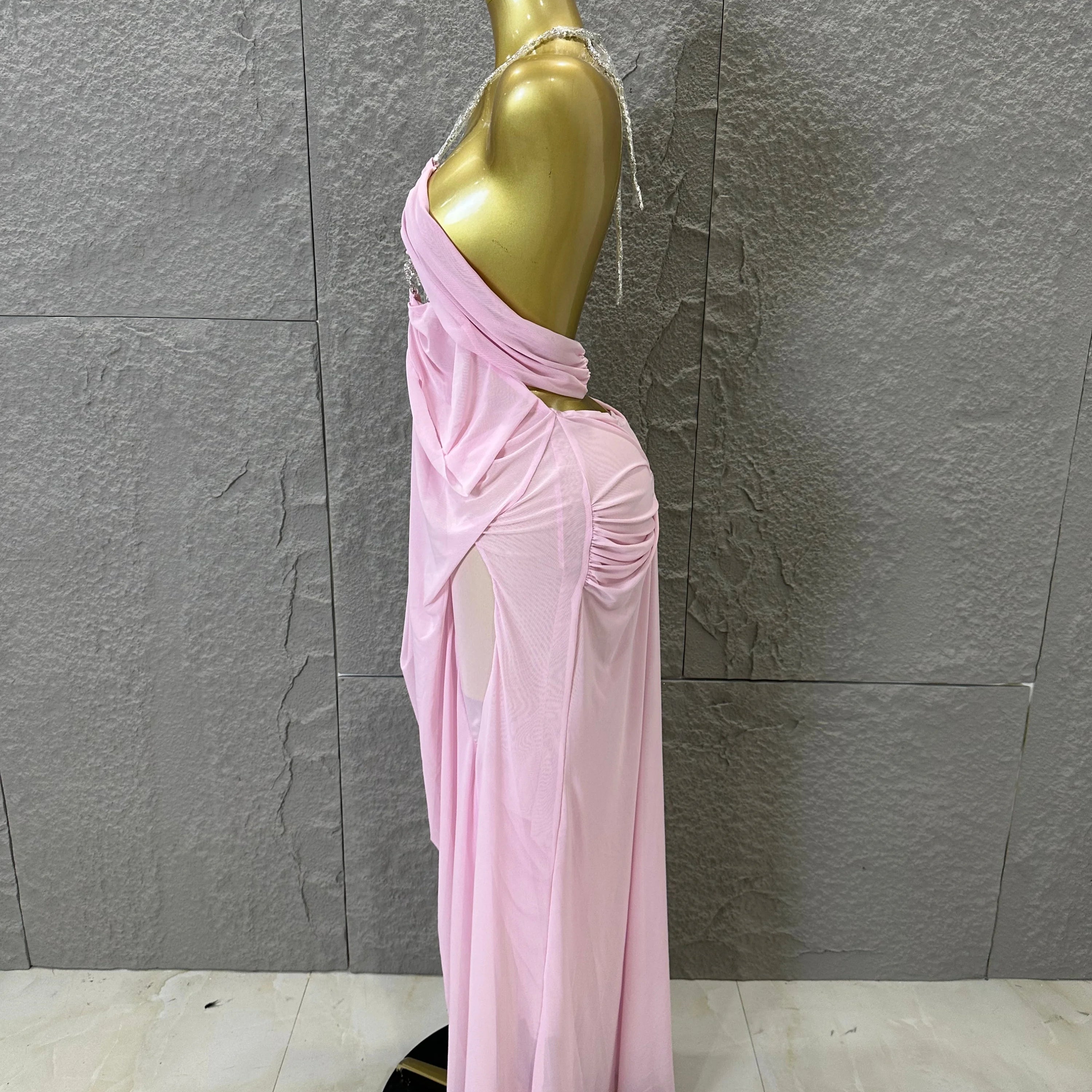 Sexy Halter Neck Maxi Dress Crystal Chain Cutout Ruched Women Sheer Mesh Form Outfit Glamorous Evening Gala Party Costume