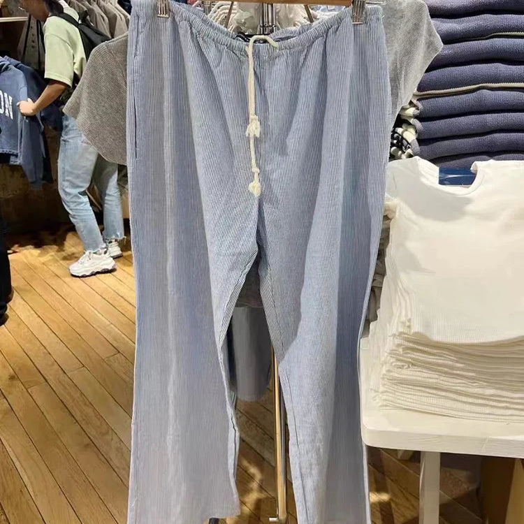 Retro Pink Striped Drawstring Sport Pants Women Autumn High Waist Linen Casual Wide Leg Pants Y2k Streetwear Loose Trousers Chic blue One Size