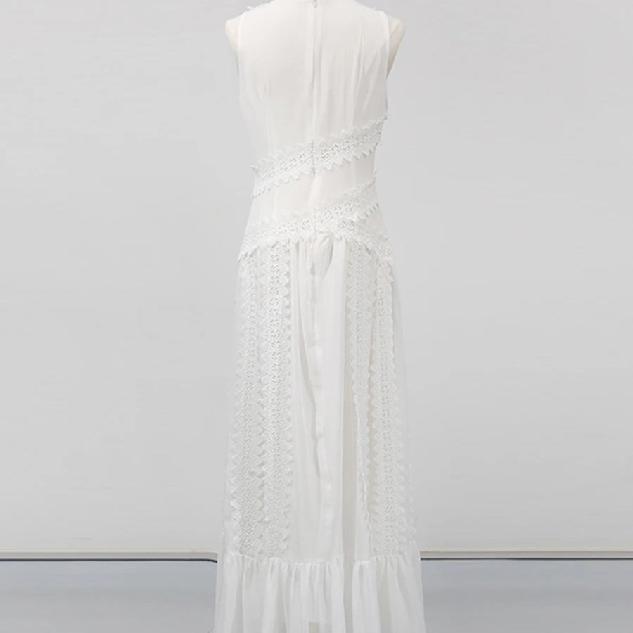 White Spliced Lace Minimalist Dresses for Women V Neck Sleeveless Temperamnet Long Dress Female Fashion Clothes New