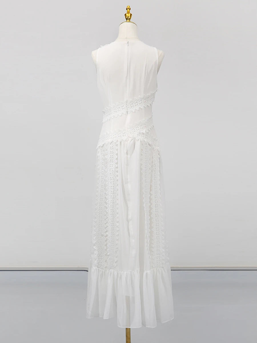 White Spliced Lace Minimalist Dresses for Women V Neck Sleeveless Temperamnet Long Dress Female Fashion Clothes New