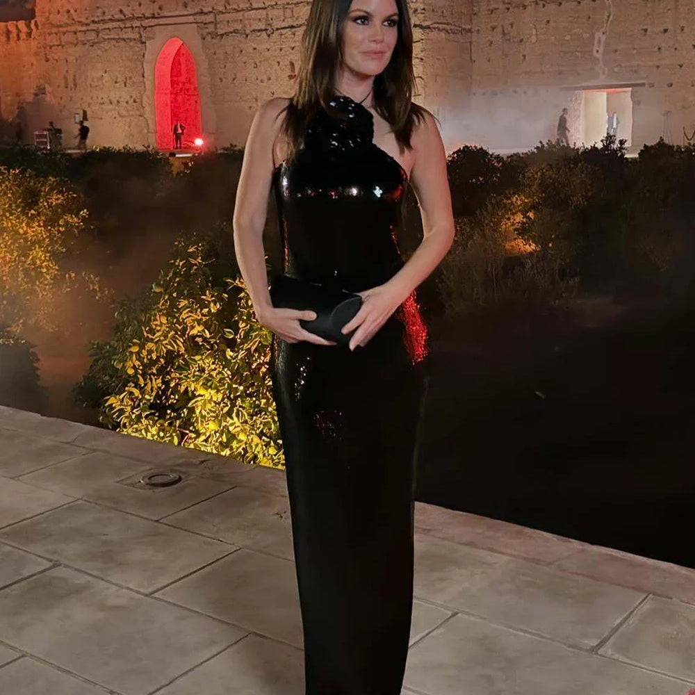 2025 Sexy Women Sequined Long Dress Spaghetti Strap Sleeveless Three-Dimensional Flower Decoration Backless Dress Party Vestidos