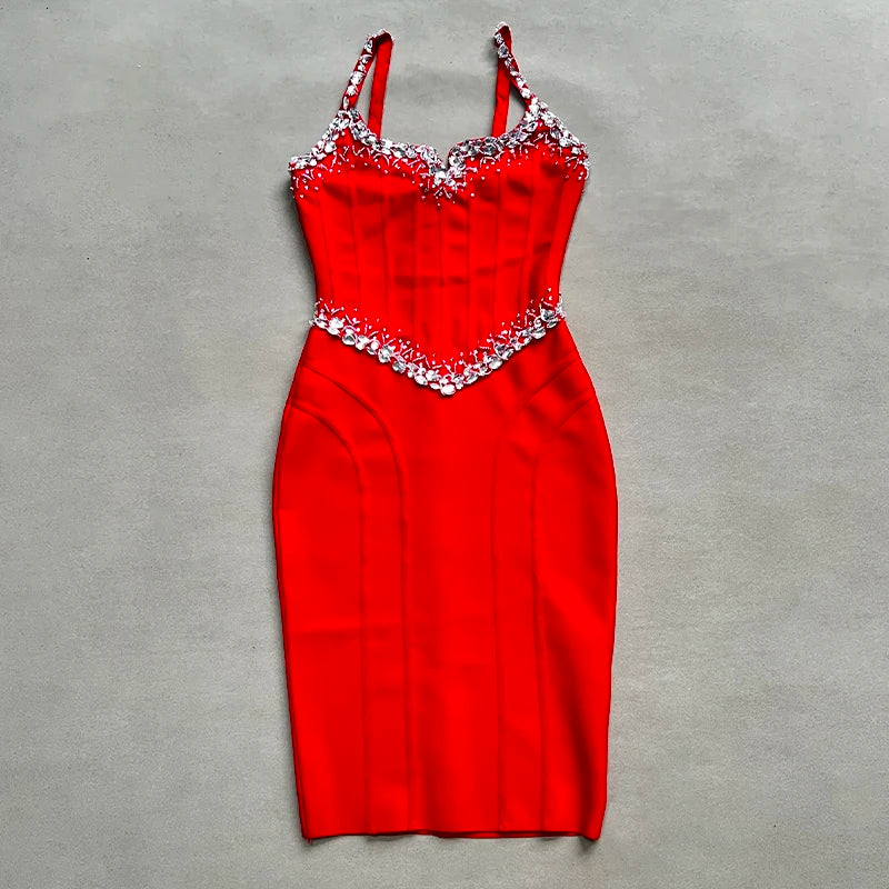 Black Red Color Women Sleeveless Sexy V-Neck Bodycon Mini Bandage Dress Crystal Celebrate Nightclub Party Birthday Dress