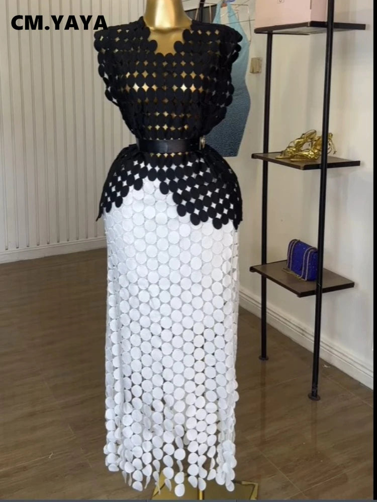 CM.YAYA Women Cutout O-neck Crop Top and Bodycon Midi Slim Maxi Long Skirt Suit 2025 Summer Vacation Sexy Two 2Piece Set Outfits